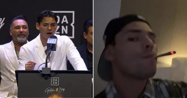 Ryan Garcia talking during a press conference wearing white (L) Garcia smoking (R)
