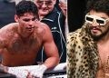 Ryan Garcia shirtless with taped up hands (L) Dillon Danis wearaing goggles and a fur coat(R)