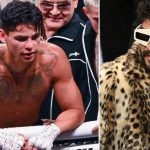 Ryan Garcia shirtless with taped up hands (L) Dillon Danis wearaing goggles and a fur coat(R)
