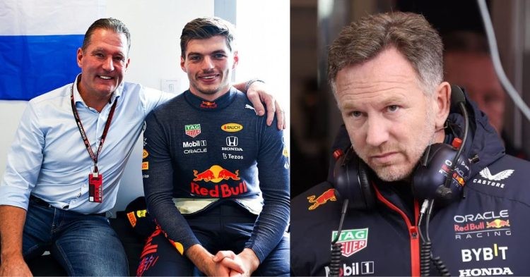 Jos Verstappen with Max Verstappen (left), Christian Horner (right) (Credits- Autosport, News18)