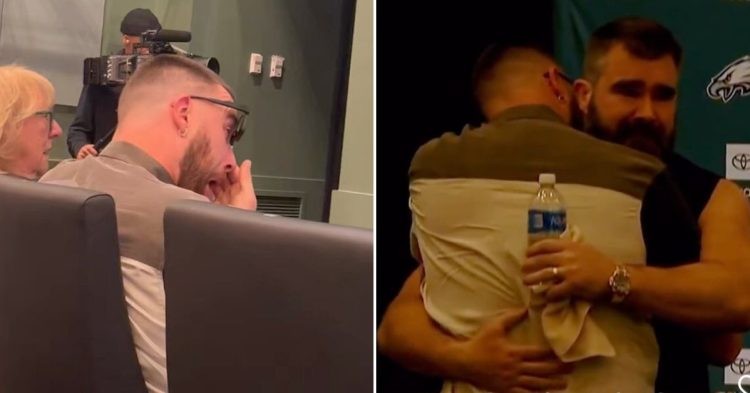 Travis Kelce and Jason Kelce crying after retirement speech.