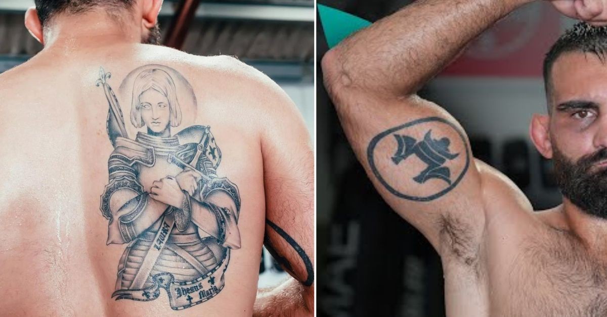 Benoit Saint-Denis back (Joan of Arc) and right bicep (academy logo) tattoos