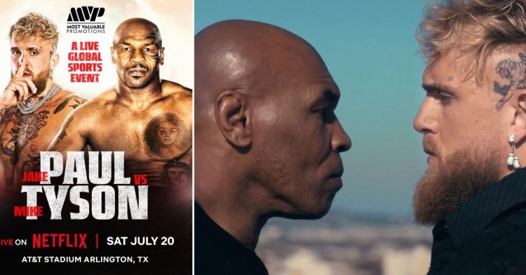 Poster of Jake Paul vs Mike Tyson. Paul and Tyson face off