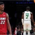 Miami Heat's Jimmy Butler and Boston Celtics' Jayson Tatum and Jaylen Brown