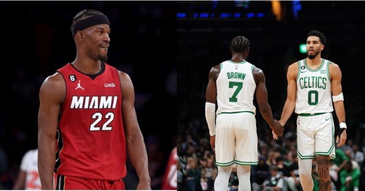 Miami Heat's Jimmy Butler and Boston Celtics' Jayson Tatum and Jaylen Brown