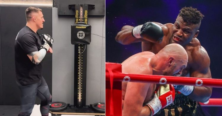 Tom Aspinall tries out the PowerKube punching machine (L) Francis Ngannou tries to punch Tyson Fury (R)