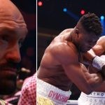 Tyson Fury reacts to AJ win over Ngannou (L) Anthony Joshua punches Francis Ngannou (R)