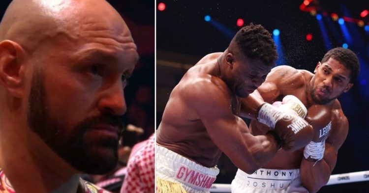 Tyson Fury reacts to AJ win over Ngannou (L) Anthony Joshua punches Francis Ngannou (R)