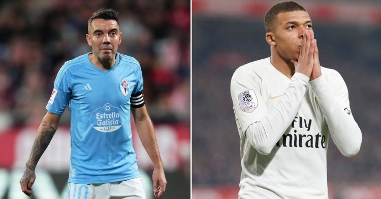 Iago Aspas in a blue Celta Vigo jersey (L) Kylian Mbappe in a white PSG jersey with his hands on his mouth (R)