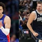Dallas Mavericks' Luka Doncic and Detroit Pistons' Cade Cunningham