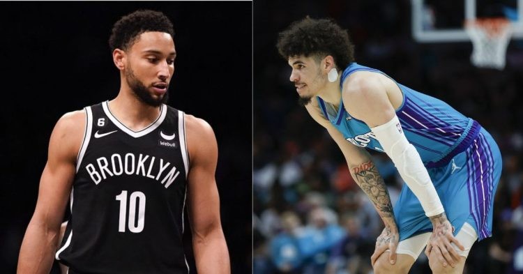 Brooklyn Nets' Ben Simmons and Charlotte Hornets' LaMelo Ball