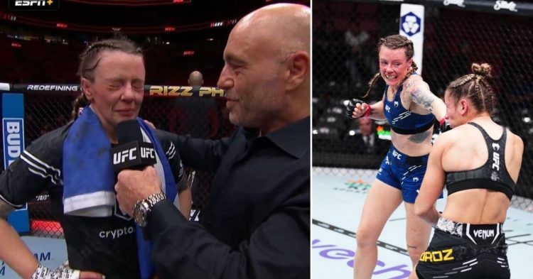 Joanne Wood retires from pro-MMA after defeating Maryna Moroz at UFC 299. Joanne Wood with Joe Rogan