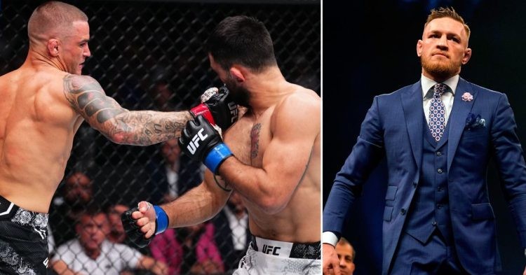 Dustin Poirier punches Benoit Saint-Denis at UFC 299 (L) Conor McGregor in a blue suit (R)
