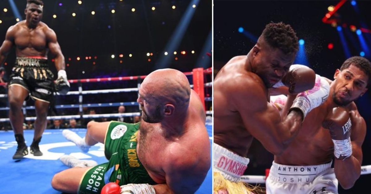 Collage of Francis Ngannou flooring Tyson Fury and Anthony Joshua punching Ngannou.