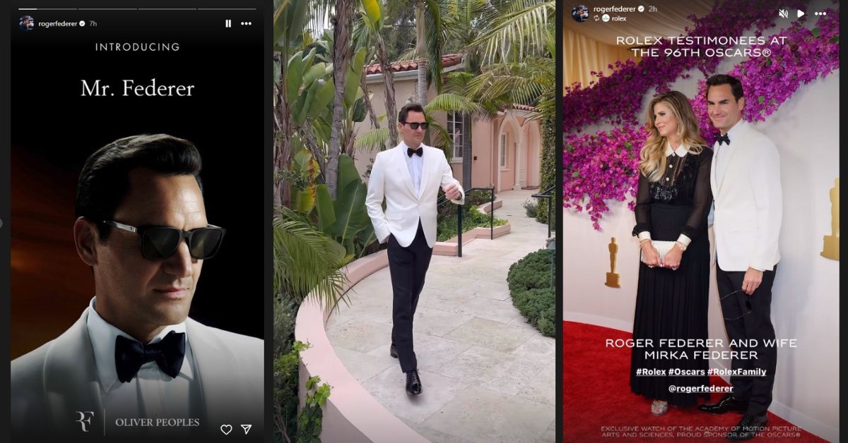 Roger Federer displaying his sponsors Oliver Peoples and Rolex at Oscars 2024.(Credits- IG @ Roger Federer)