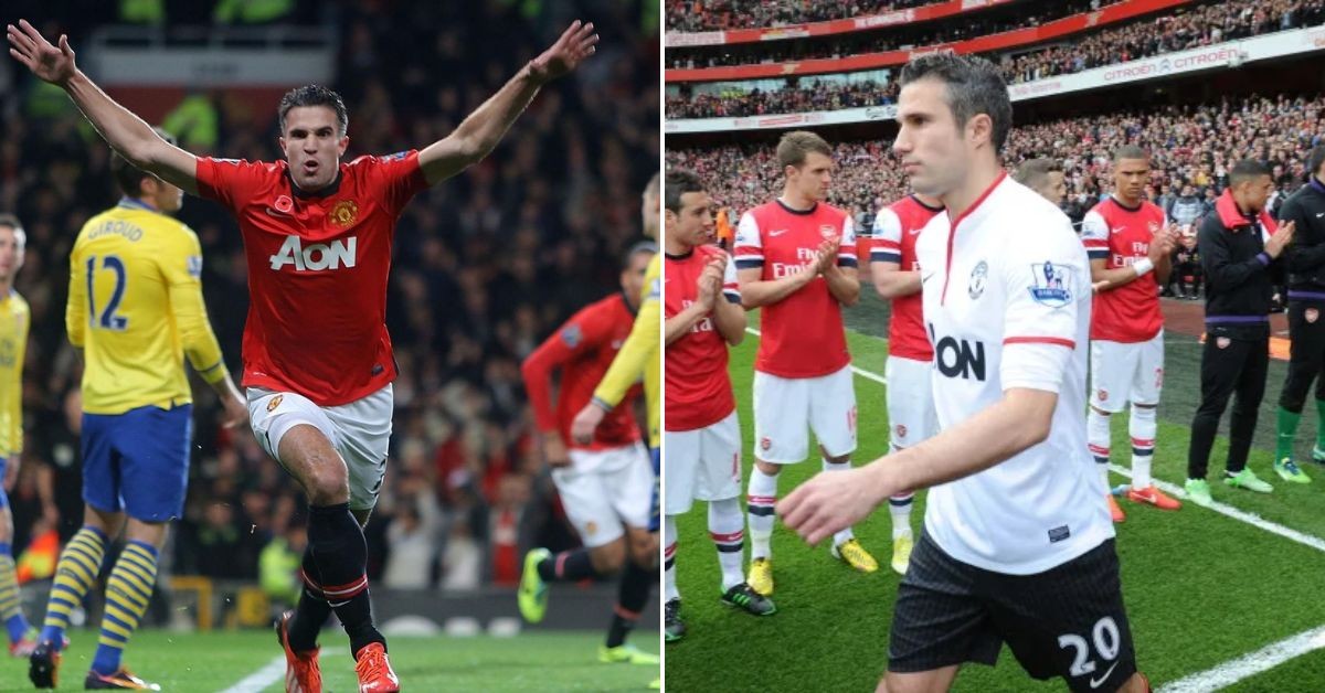 Robin Van Persie celebrates against Arsenal (L) RVP gets a guard of honor from Arsenal (R)