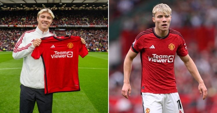 Rasmus Hojlund announced at Old Trafford (L) Hojlund wearing a red united jersey while playing