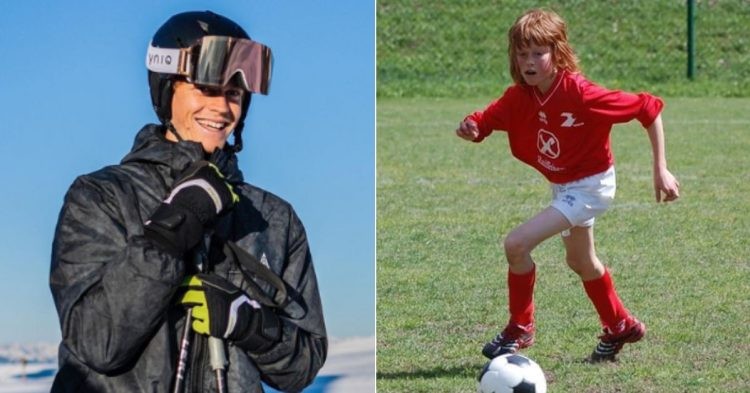 Jannik Sinner in skiiing attire and playing football as a kid