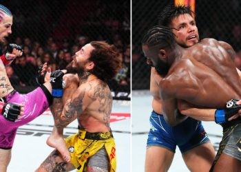 Collage of Sean O'Malley landing thunderous knee on Marlon Vera at UFC 299 & Henry Cejudo grappling with Aljamain Sterling with an underhook,