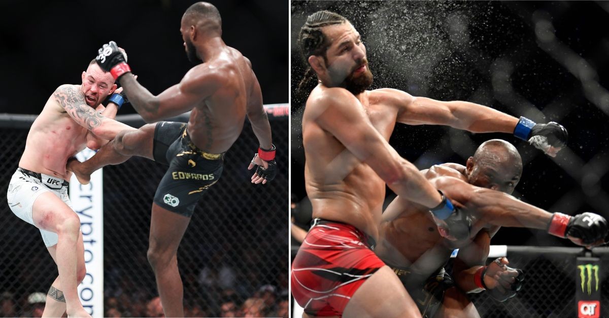 Collage of Leon Edwards throwing a body kick at Colby Covington and Kamaru Usman knocking out Jorge Masvidal on his feet