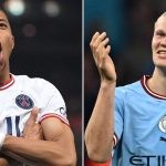 Kylian Mbappe in a white PSG jersey (L) Erling Haaland in a blue Manchester City jersey (R)