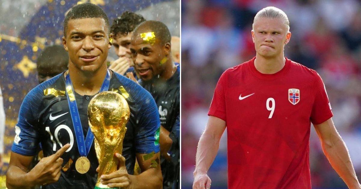 Frenchman Kylian Mbappe with the 2019 FIFA World Cup (L) Norwegian Erling Haaland not looking happy(R)
