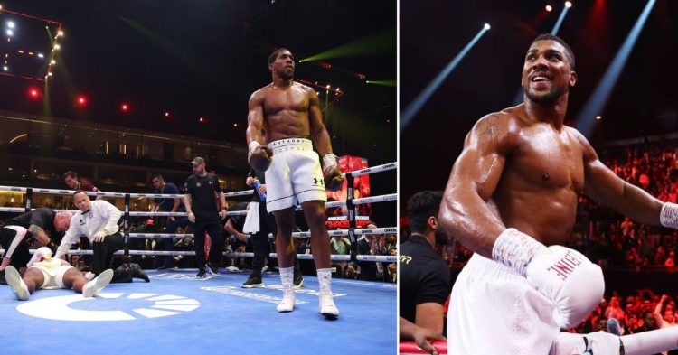 Anthony Joshua walks away as Francis Ngannou lay there knocked out