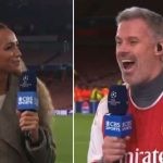 Kate Abdo (L) responds to Jamie Carragher's distasteful joke as he laughs about it (R)