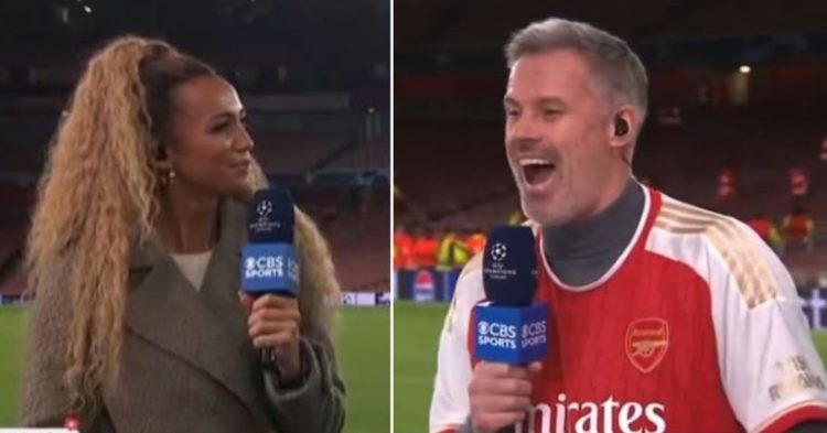 Kate Abdo (L) responds to Jamie Carragher's distasteful joke as he laughs about it (R)