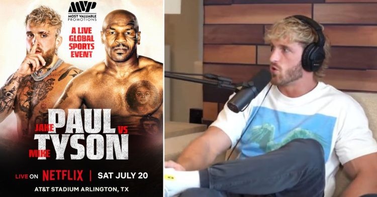 Jake Paul vs. Mike Tyson poster (L) Logan Paul during the IMPAULSIVE podcast talking on a mic