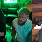 Jake Paul and Adin Ross on the latter's stream in green lights (L) Logan Paul on his podcast with a mic (R)