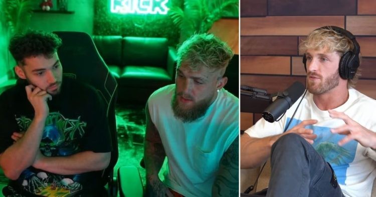Jake Paul and Adin Ross on the latter's stream in green lights (L) Logan Paul on his podcast with a mic (R)