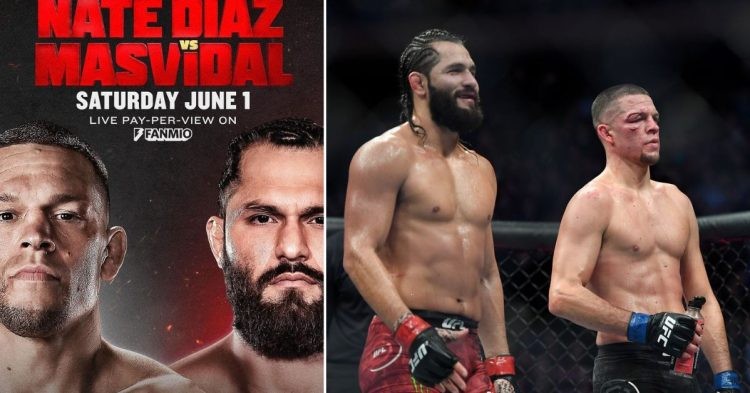 Nate Diaz vs Jorge Masvidal boxing bout poster (L) Diaz and Masvidal at UFC 244 (R)