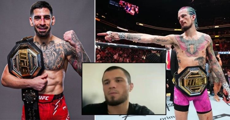 Umar Nurmagomedov (M) talked about Sean O'Malley's (R) call out of Ilia Topuria (L)
