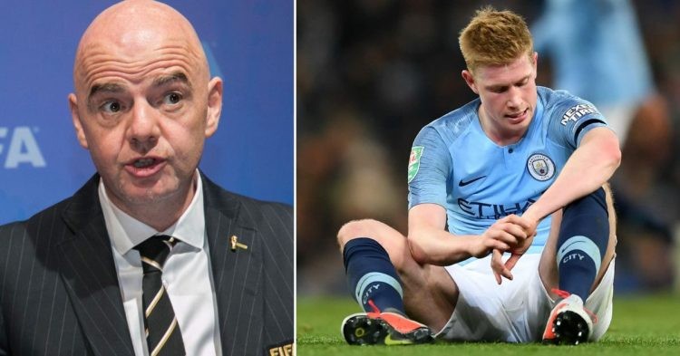 Gianni Infantino talking while at a FIFA conference (L) Kevin de Bruyne sat down tired in a manchester city jersey (R)