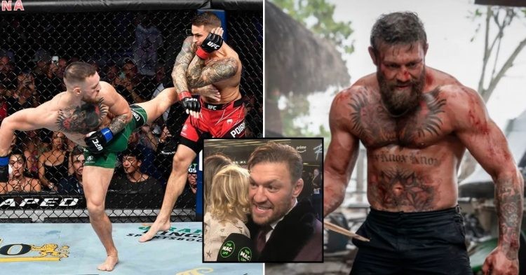 Conor McGregor takes on Dustin Poirier (L) McGregor acts in Road House (R) McGregor during an interview in London for the premire of Road House (M)