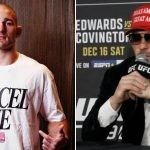 Sean Strickland wearing his cancel me tshirt (L) Colby Covington wearing a make america great again cap while talking on ufc mic(R)