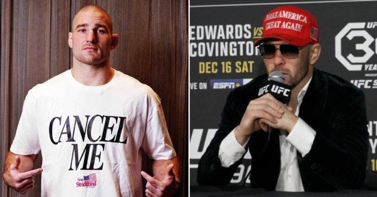 Sean Strickland wearing his cancel me tshirt (L) Colby Covington wearing a make america great again cap while talking on ufc mic(R)