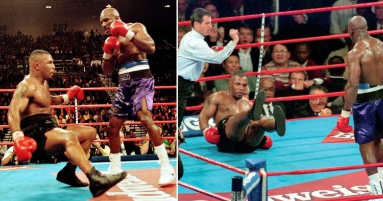 Mike Tyson falling down to the canvas as he got knocked out against Evander Holyfield