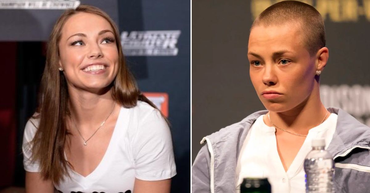 Rose Namajunas with her long hair similing wide (L) with a buzz-cut looking serious (R)