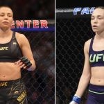 Rose Namajunas with a buzz-cut (L) with long hair (R) inside the UFC octagon