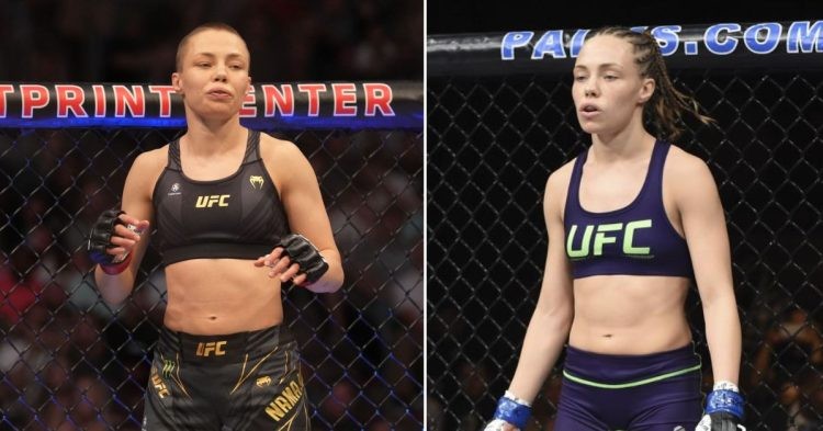 Rose Namajunas with a buzz-cut (L) with long hair (R) inside the UFC octagon