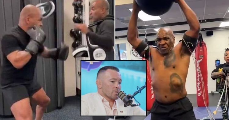 Mike Tyson training with weights and sparring. Colby Covington wearing white and soeaking on a mic on a podcast