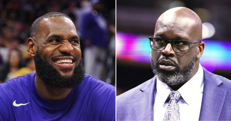 LeBron James laughing wearing blue (L) Shaquille O'Neal serious face wearing a suit (R)