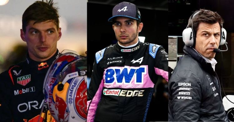 Max Verstappen (left), Esteban Ocon (center), Toto Wolff (right) (Credits- PlanetF1, X, Red Bull)
