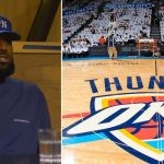 LeBron James wearing a blue tshirt and cap talking. Oklahoma City Thunder stadium and logo