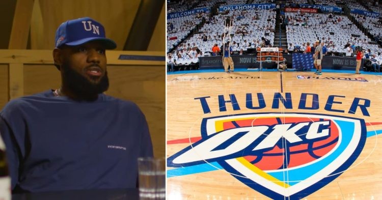 LeBron James wearing a blue tshirt and cap talking. Oklahoma City Thunder stadium and logo