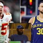 Patrick Mahomes wearing a Chiefs jersey and running. Stephen Curry with his mouthguard out in a lakers jersey. Lebron James wearing blue cap and tshirt