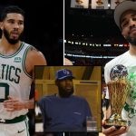 Jayson Tatum with Eastern Conference Finals MVP trophy, Tatum with the basketball wearing Celtics shirt. LeBron James during the mind the game podcast