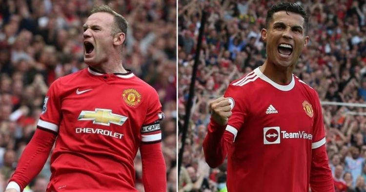 collage of wayne rooney and cristiano ronaldo celebrating as manchester united players